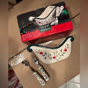 Pfaltzgraff Winterberry Sleigh Dish with Fork and Spoon NWT